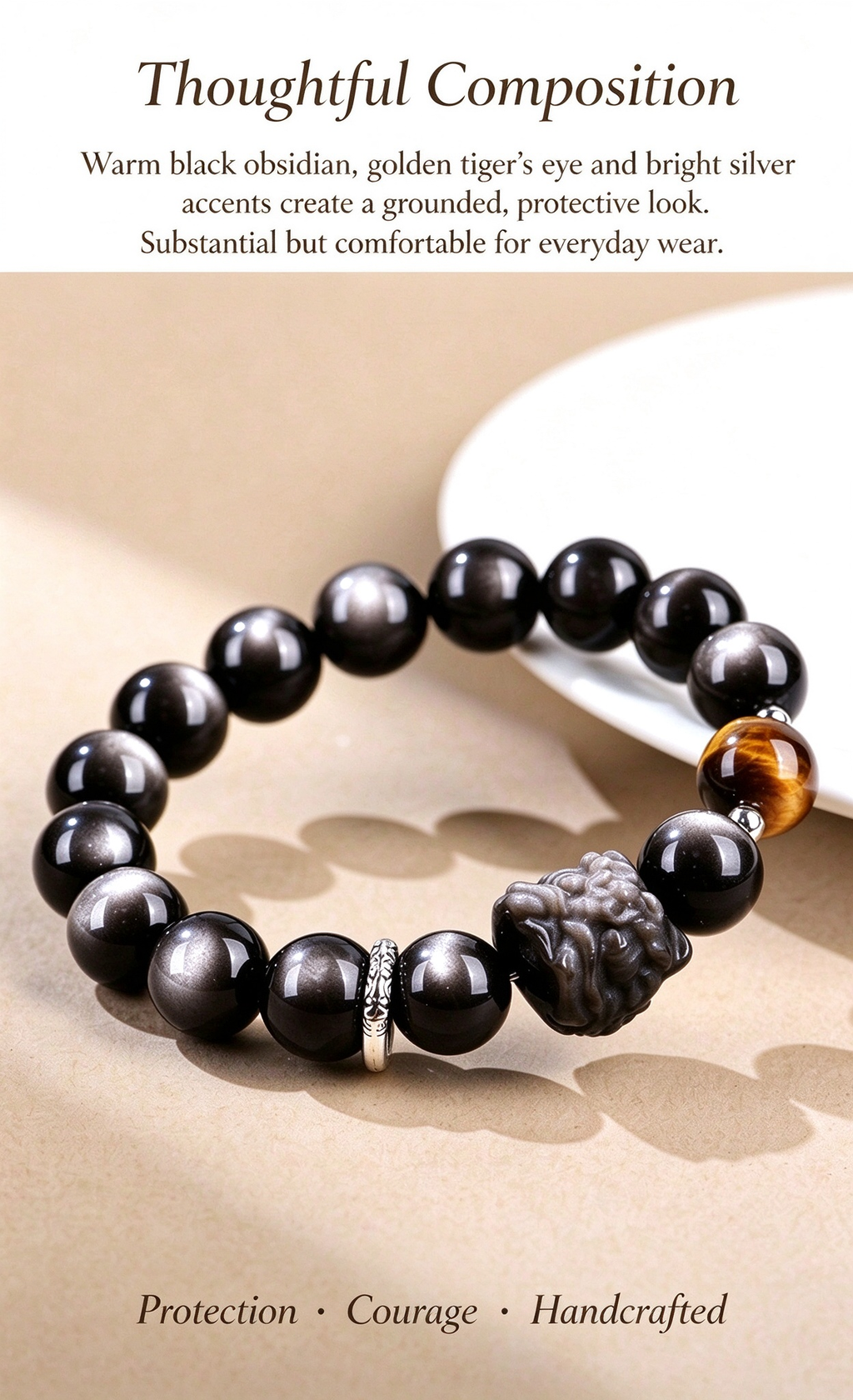 FAITH Sentinel | Silver Sheen Obsidian & Tiger’s Eye Beaded Bracelet