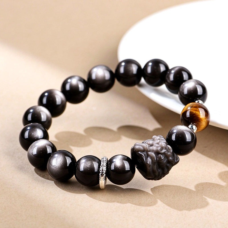 FAITH Sentinel | Silver Sheen Obsidian & Tiger’s Eye Beaded Bracelet